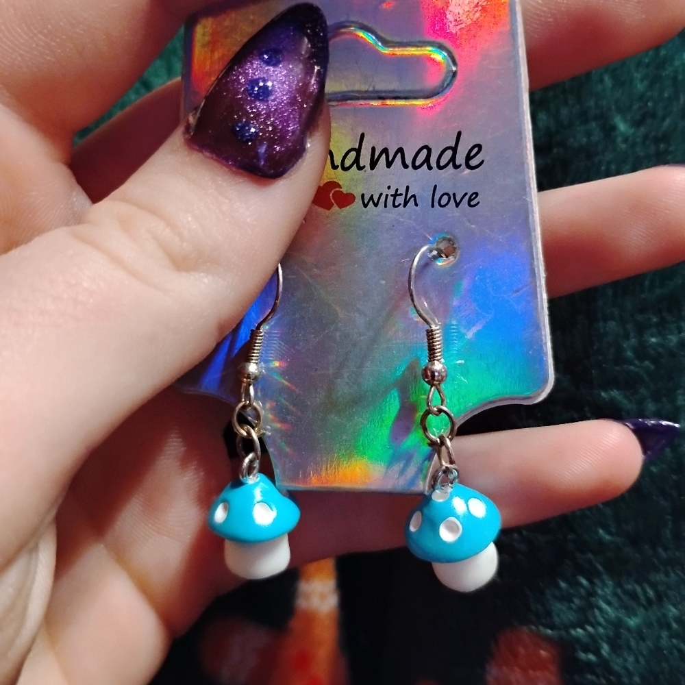 Handmade cute dangley dainty blue and white mushroom earrings
